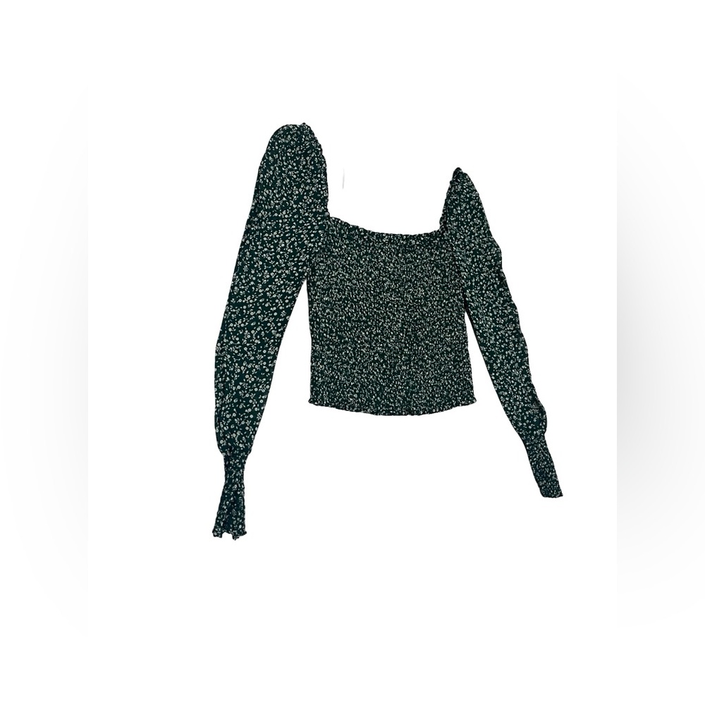 Reformation Floral Green Ditsy Cropped Smocked Pinto LS Semi Sheer Arms Sz S